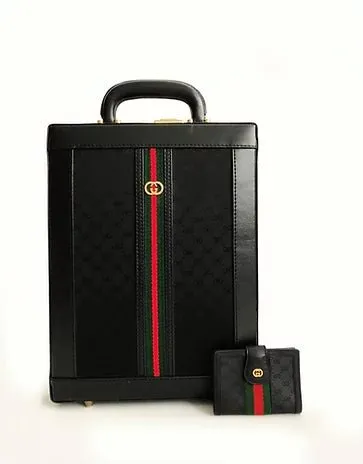 1980s GUCCI BLACK WEB STRIPE VERTICAL BRIEFCASE WITH MATCHING WALLET