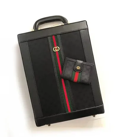 1980s GUCCI BLACK WEB STRIPE VERTICAL BRIEFCASE WITH MATCHING WALLET