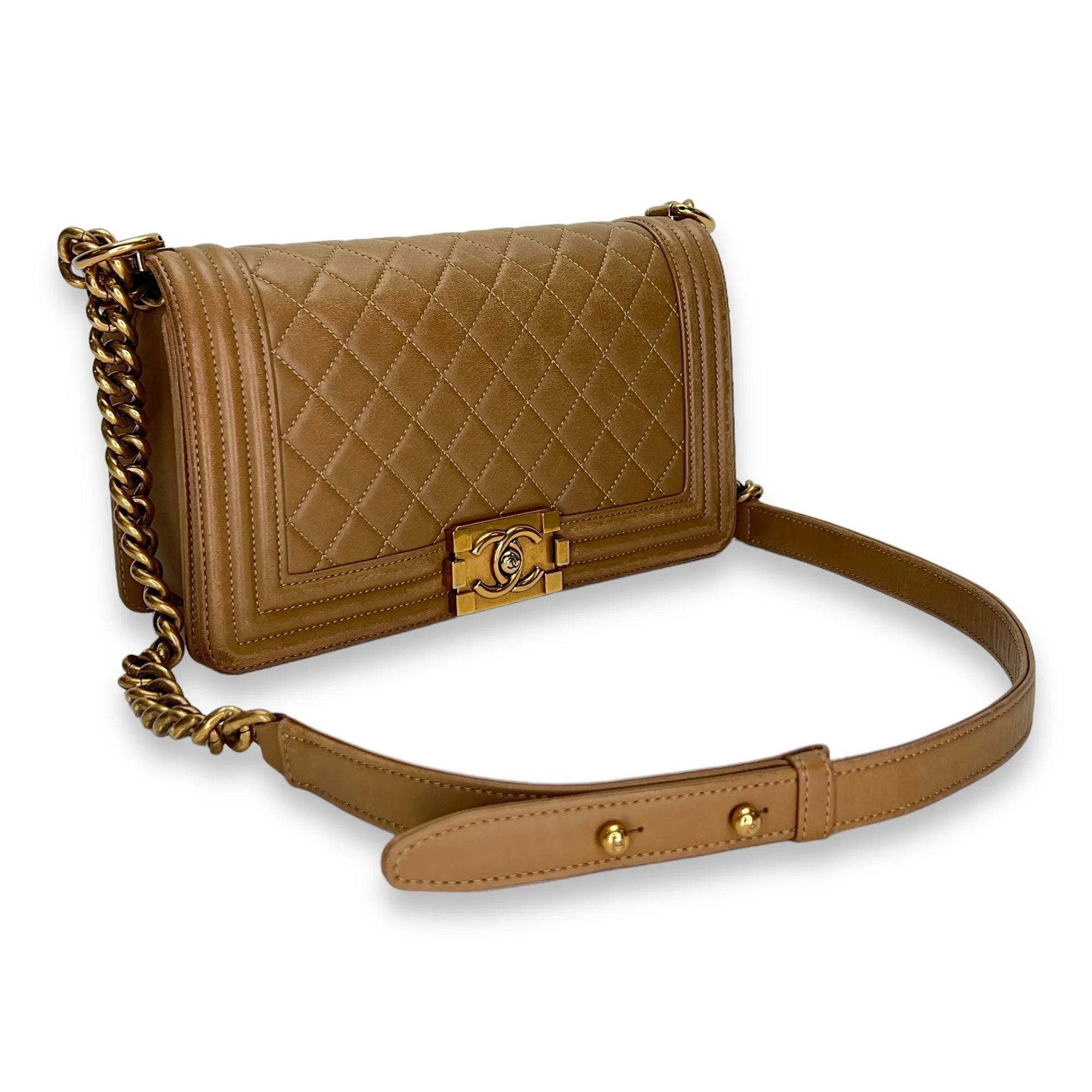 Boy Medium Brown Shoulder Bag in Lambskin, Gold hardware