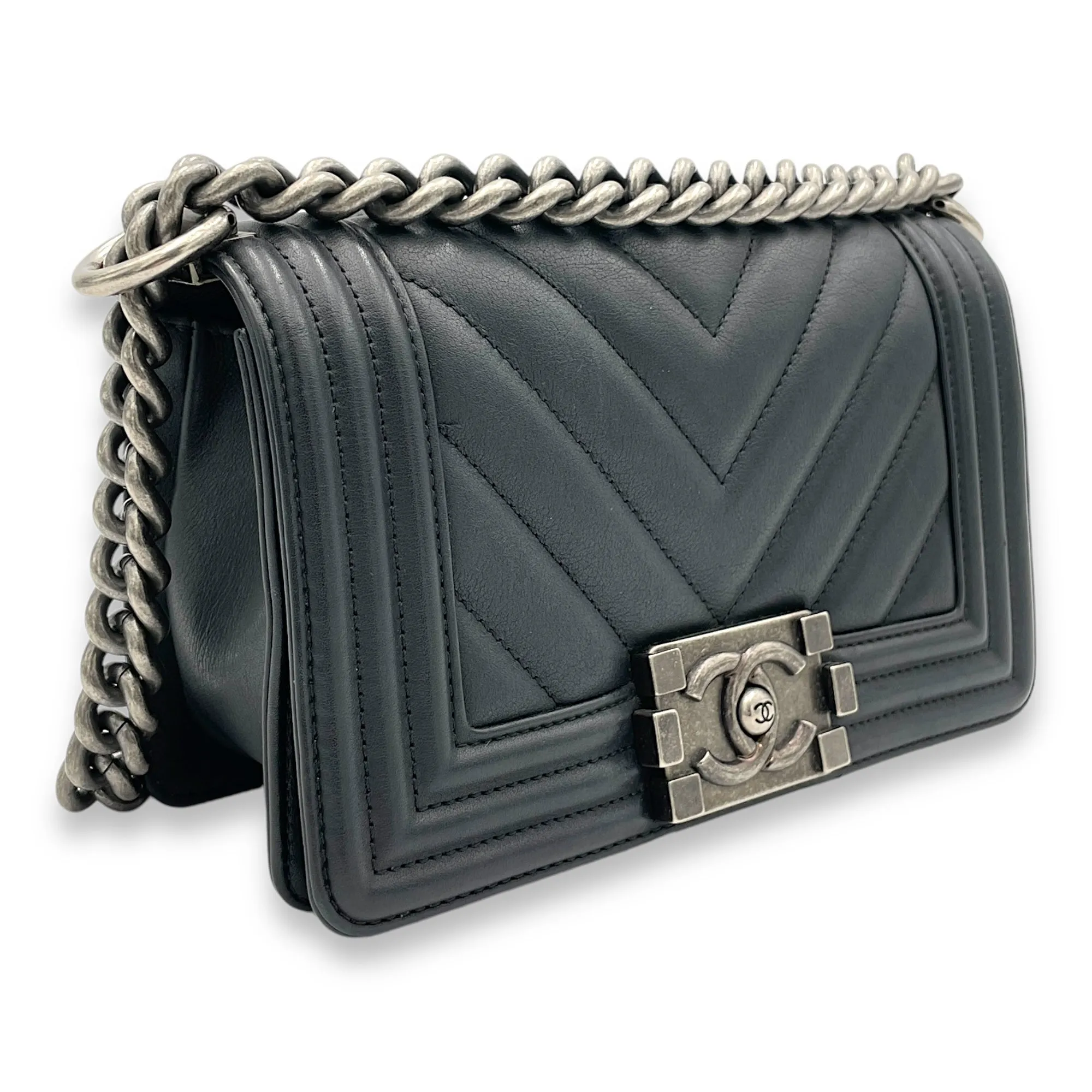 Boy Shoulder Bag Small Black in Calfskin, Ruthenium hardware