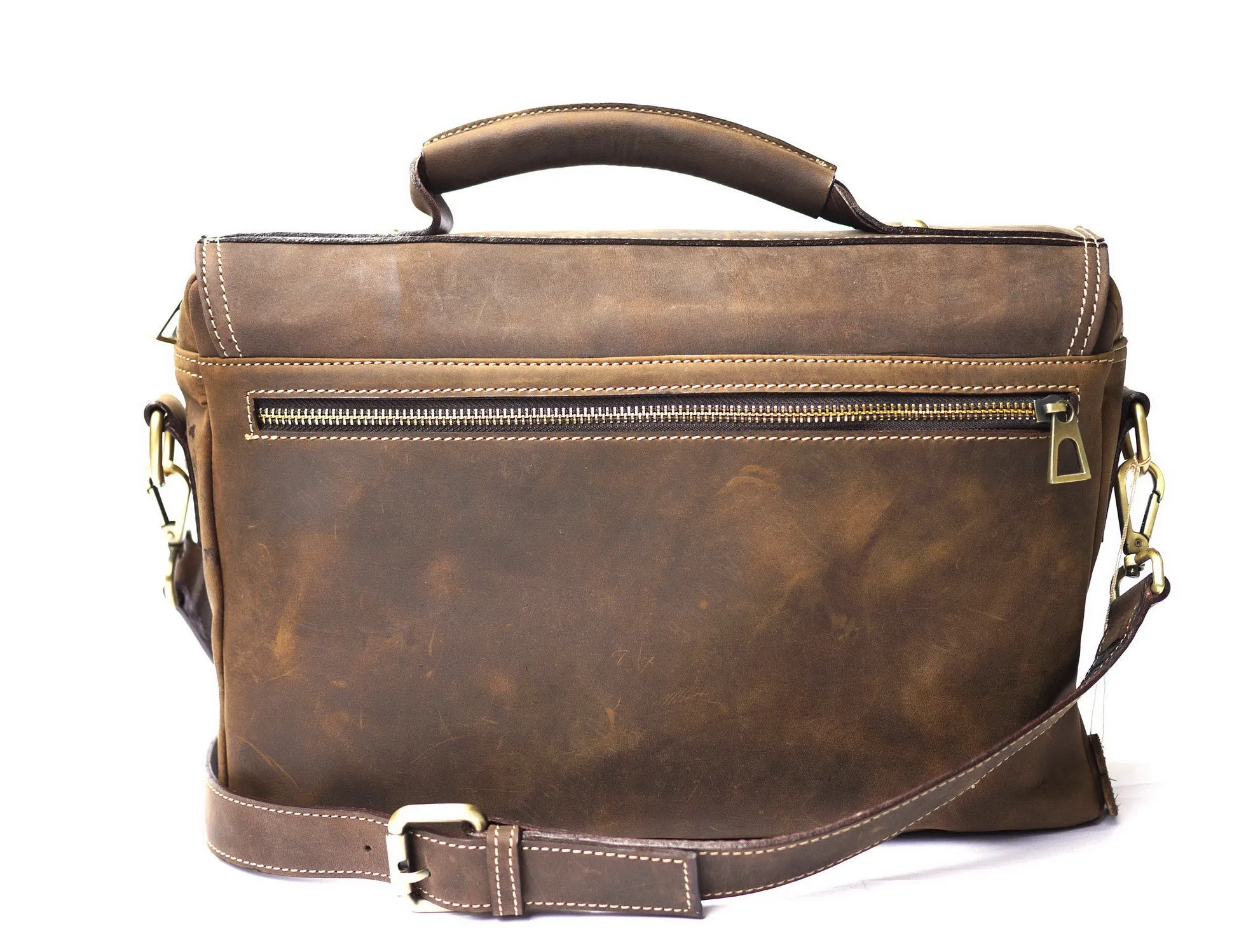 Brown Stone Leather Bag Vintage Satchel Oil Nubuck - Dark Brown