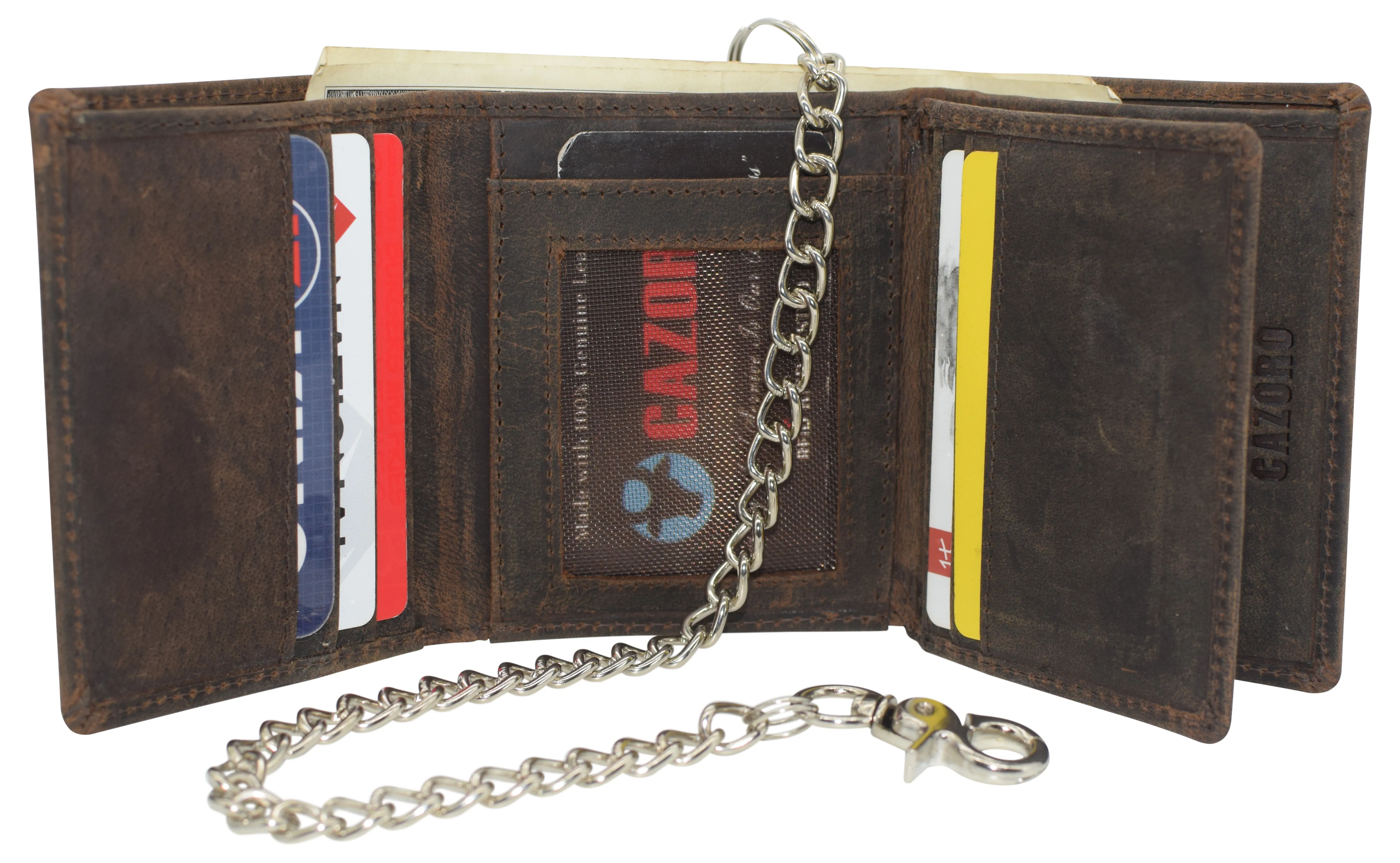 CAZORO Men's RFID Blocking Chain Biker Vintage Genuine Leather Classic Trifold Wallet for Men