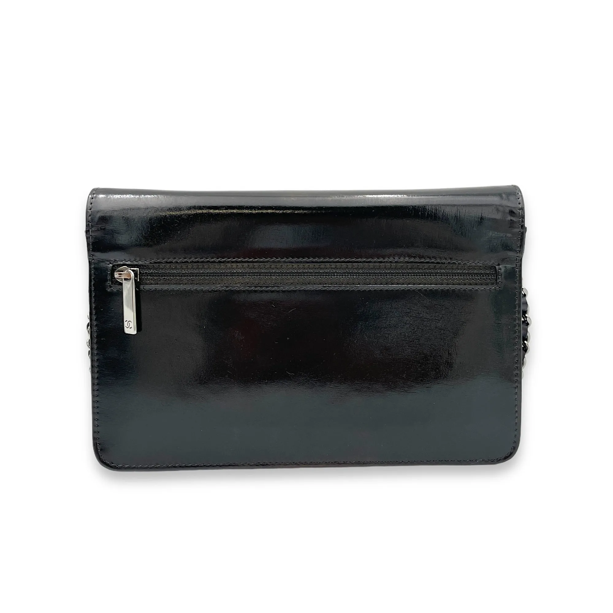 CC Wallet On Chain Black in Patent Leather, Silver hardware