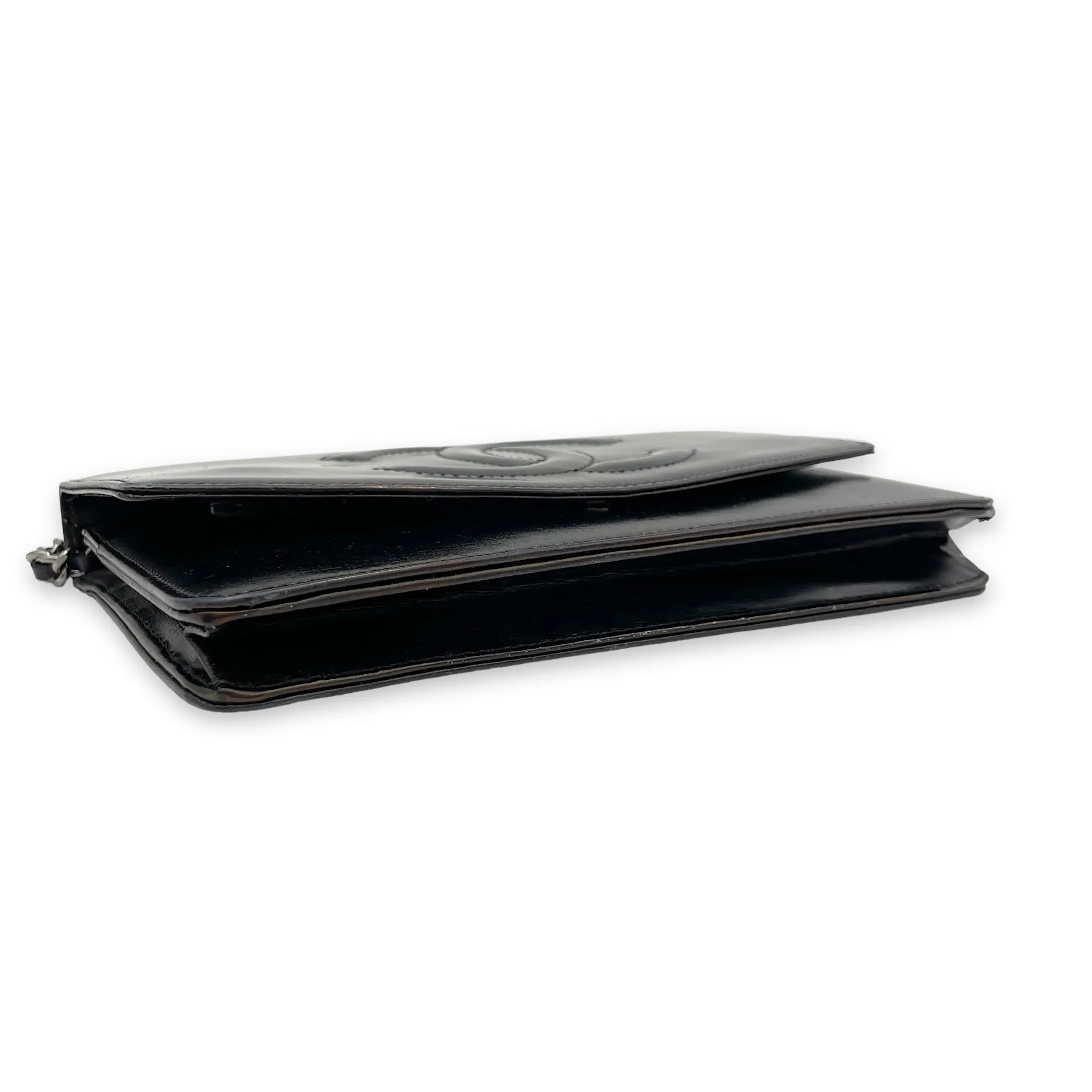 CC Wallet On Chain Black in Patent Leather, Silver hardware