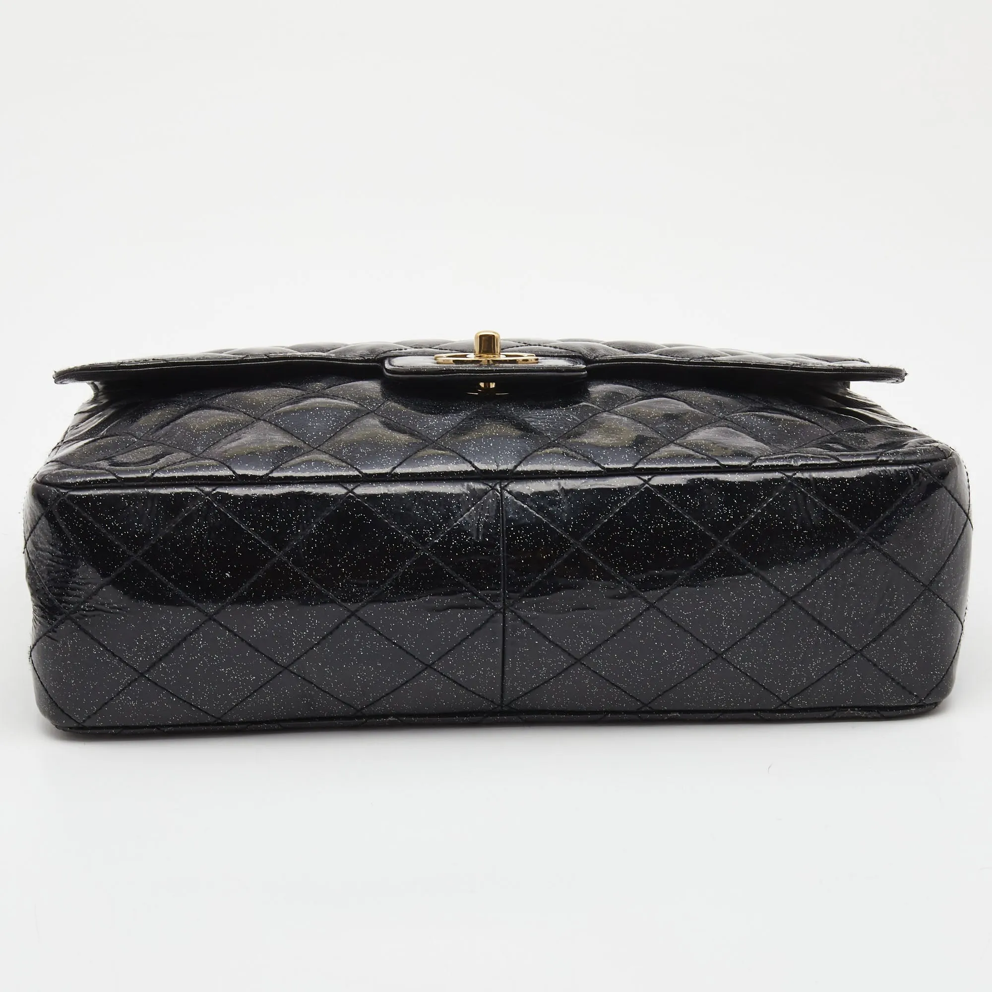 CHANEL Black Quilted Glitter Patent Leather Jumbo Classic Single Flap Bag