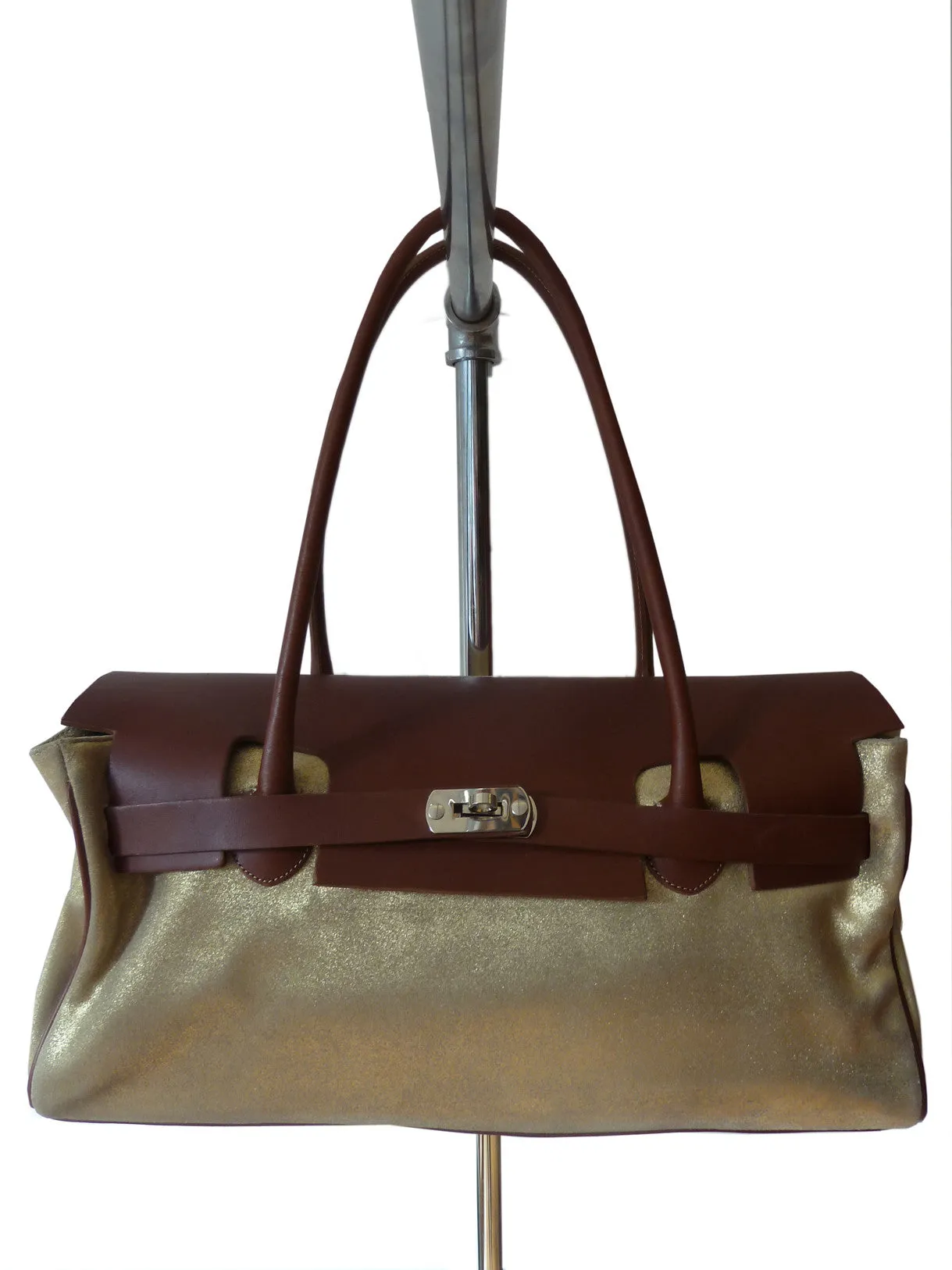 Chatona Large Satchel Gold Suede And Saddle Leather