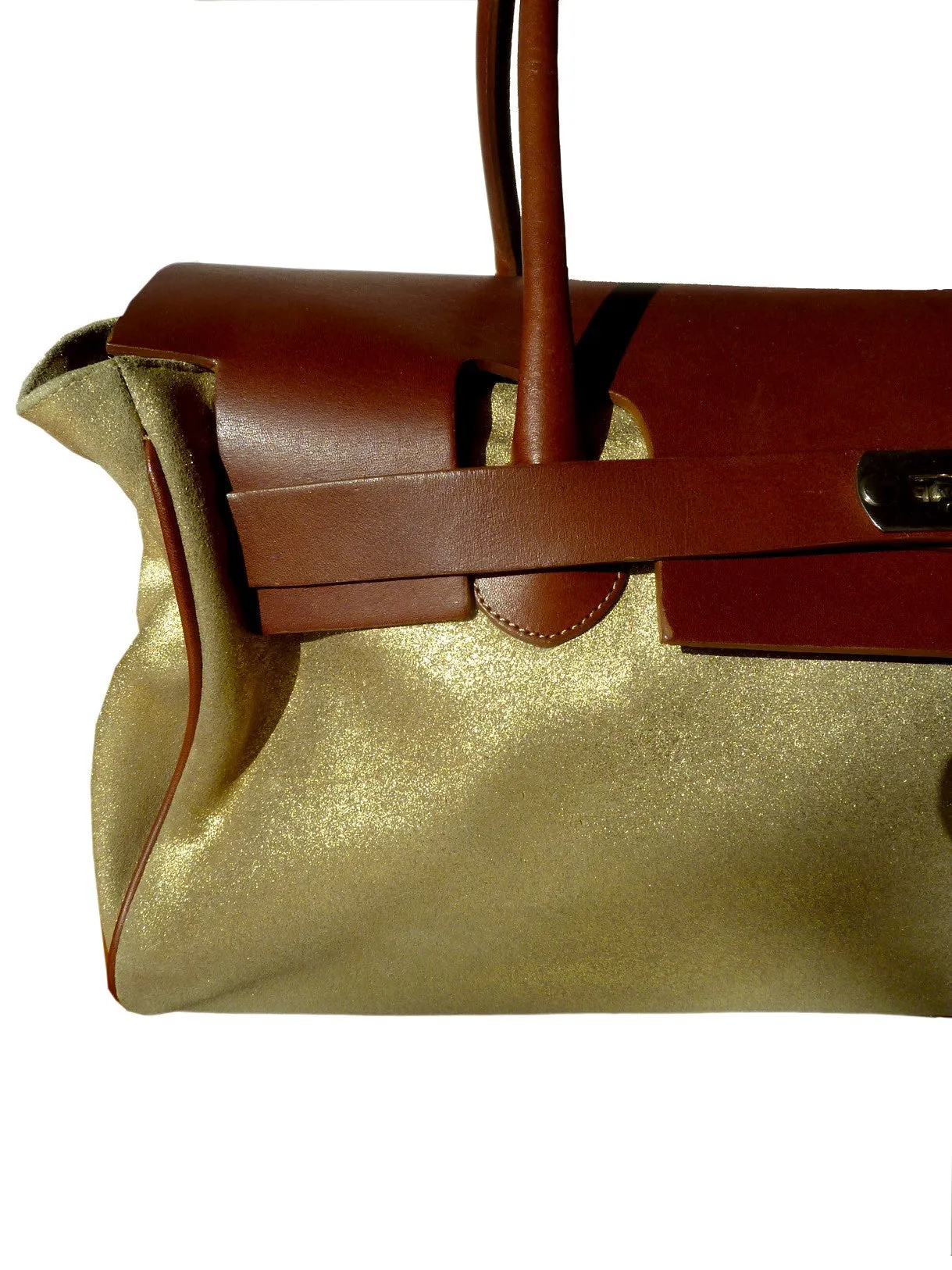 Chatona Large Satchel Gold Suede And Saddle Leather