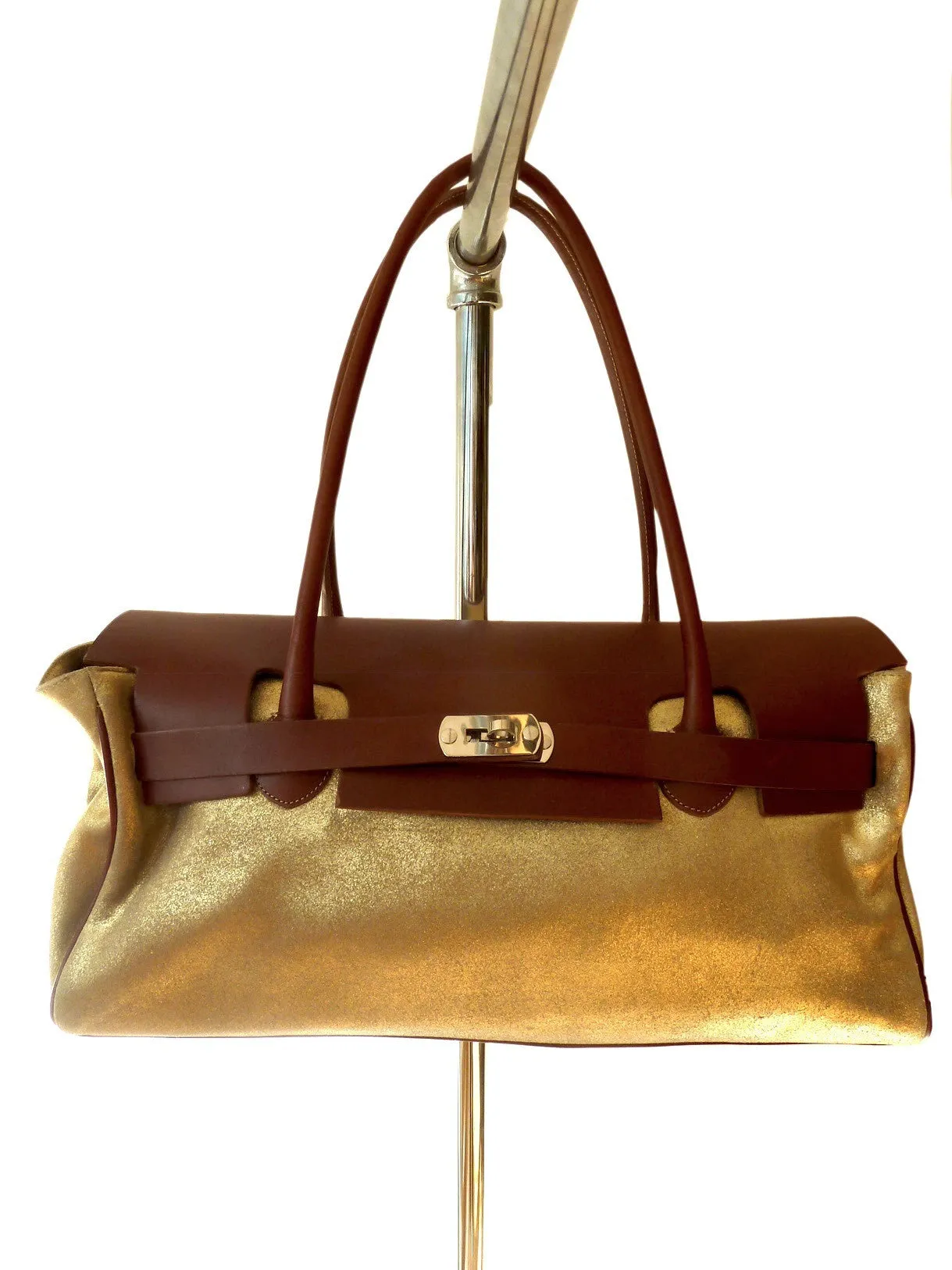 Chatona Large Satchel Gold Suede And Saddle Leather