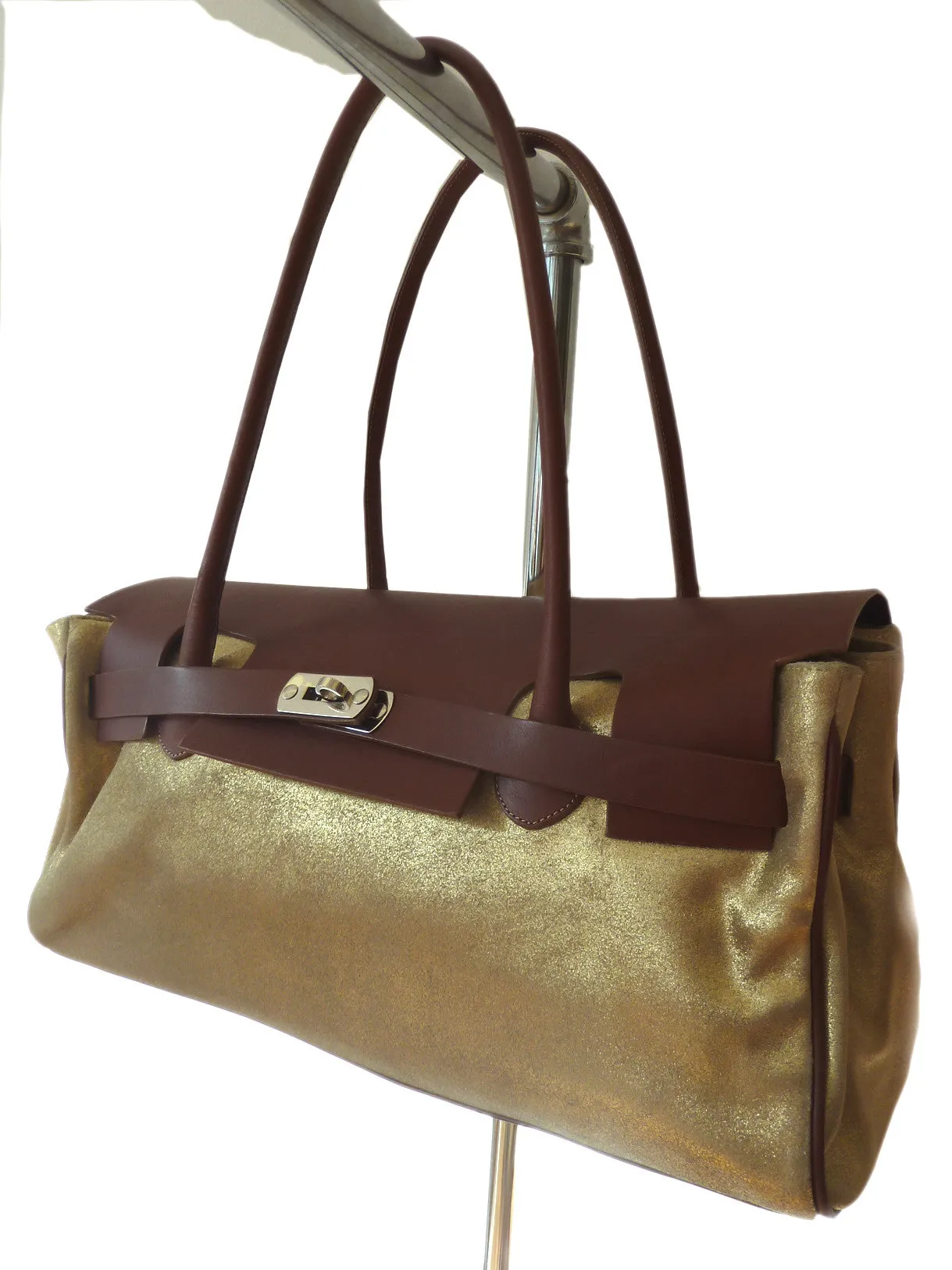 Chatona Large Satchel Gold Suede And Saddle Leather