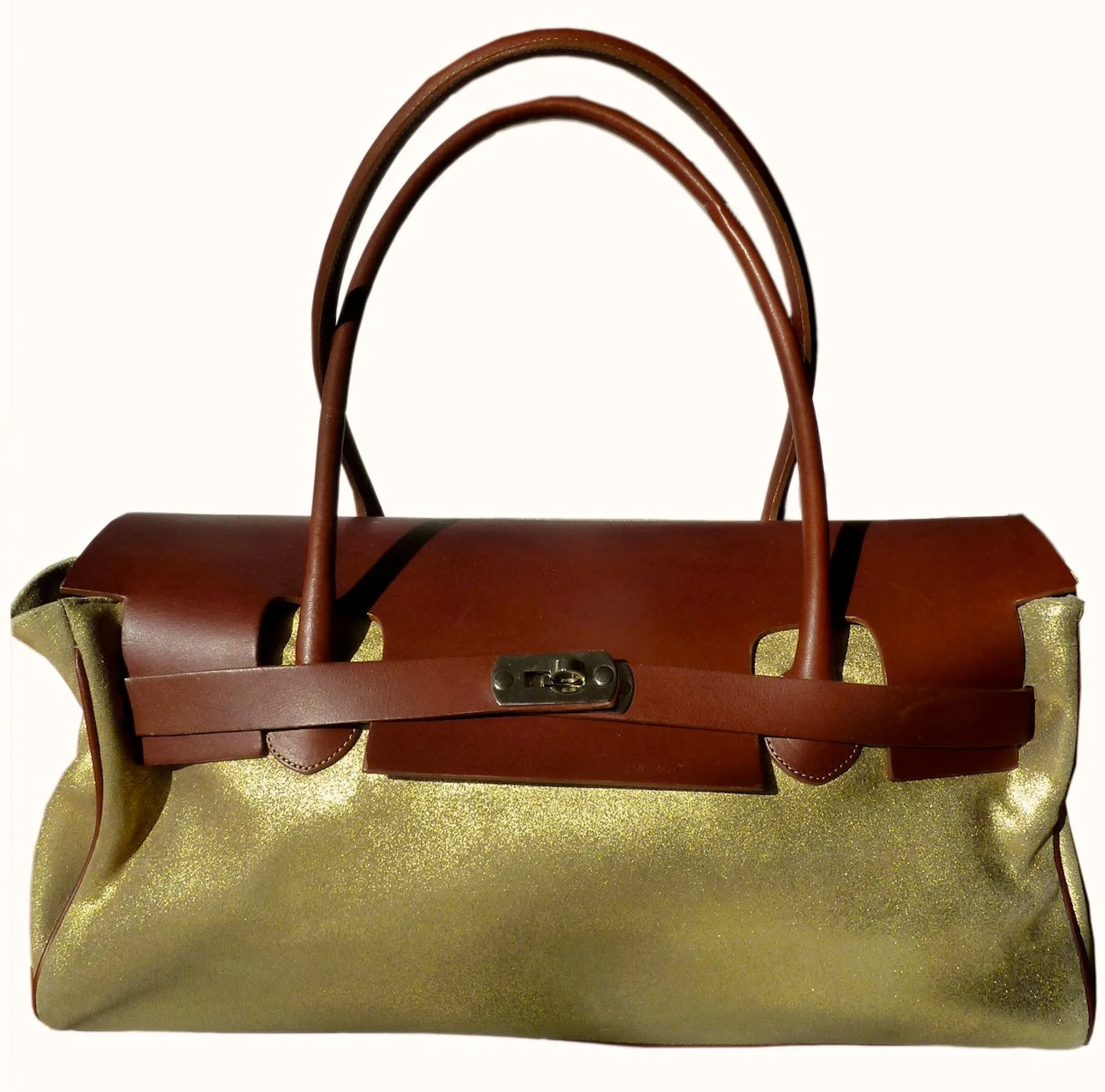 Chatona Large Satchel Gold Suede And Saddle Leather