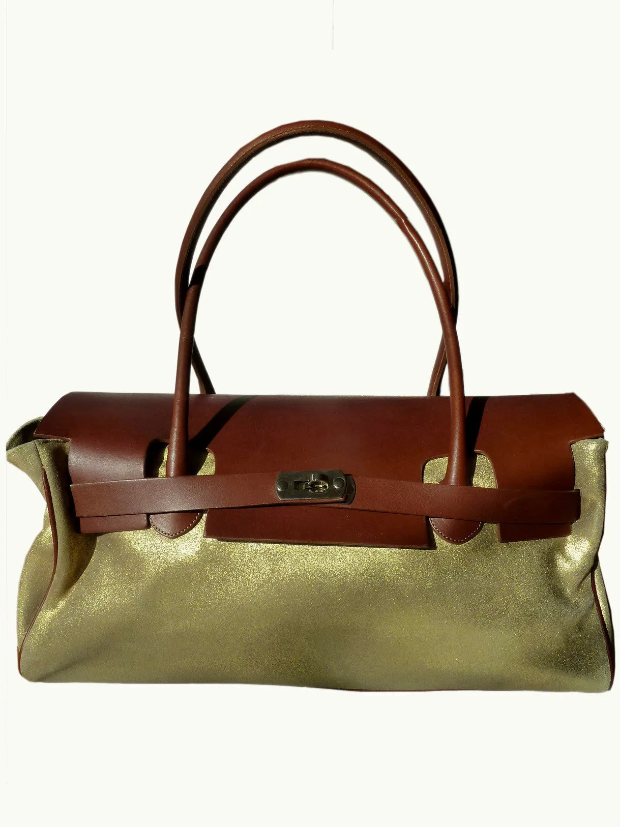 Chatona Large Satchel Gold Suede And Saddle Leather