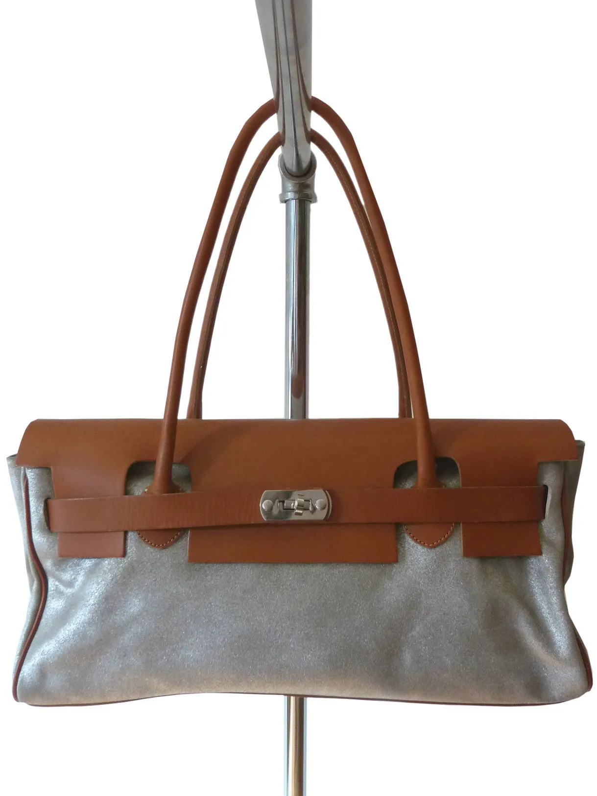 Chatona Large Satchel Silver Suede And Saddle Leather