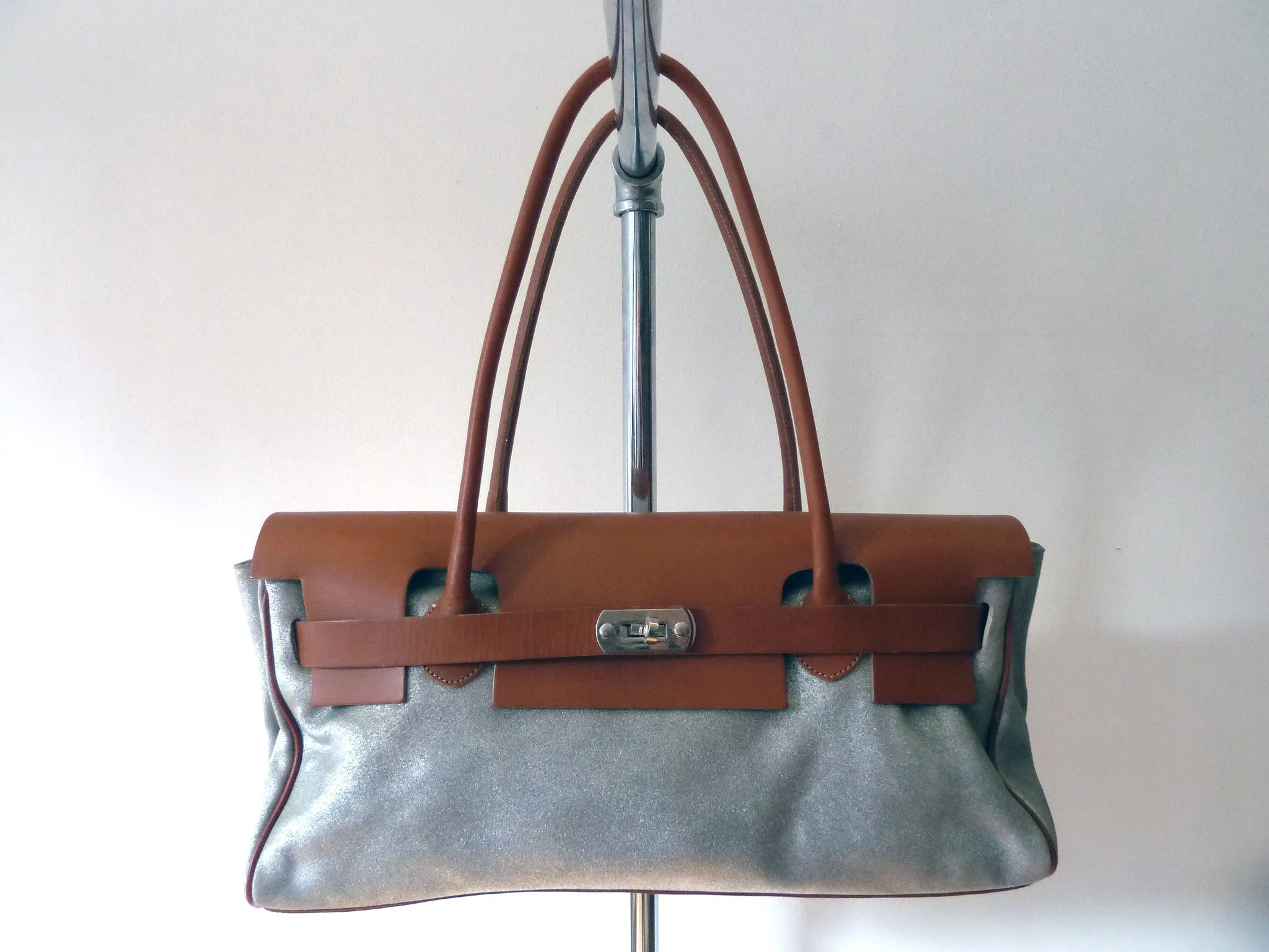 Chatona Large Satchel Silver Suede And Saddle Leather