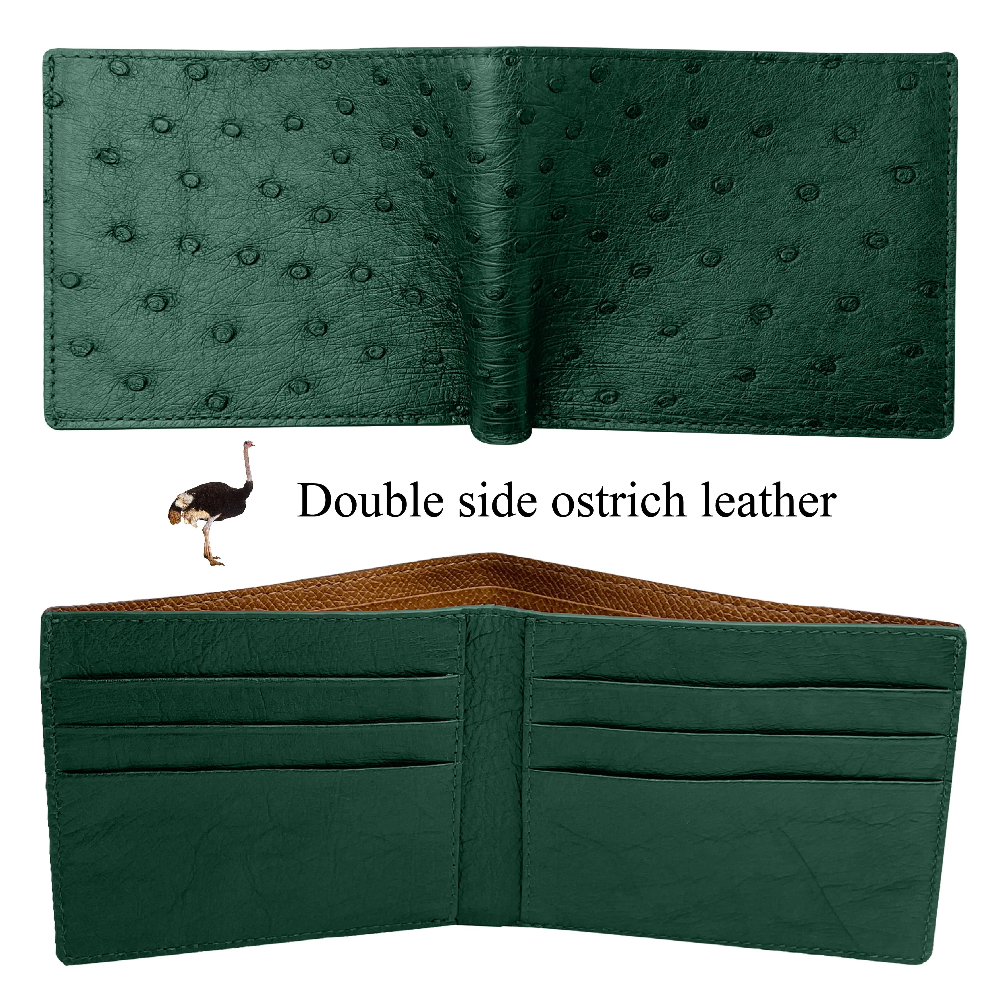 Green Handmade Double Side Ostrich Leather Bifold Wallet for Men | VINAMOS-08