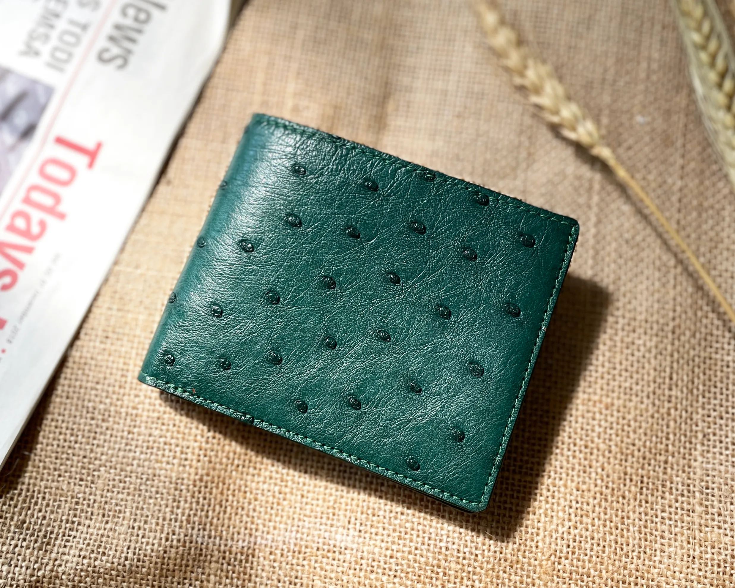 Green Handmade Double Side Ostrich Leather Bifold Wallet for Men | VINAMOS-08