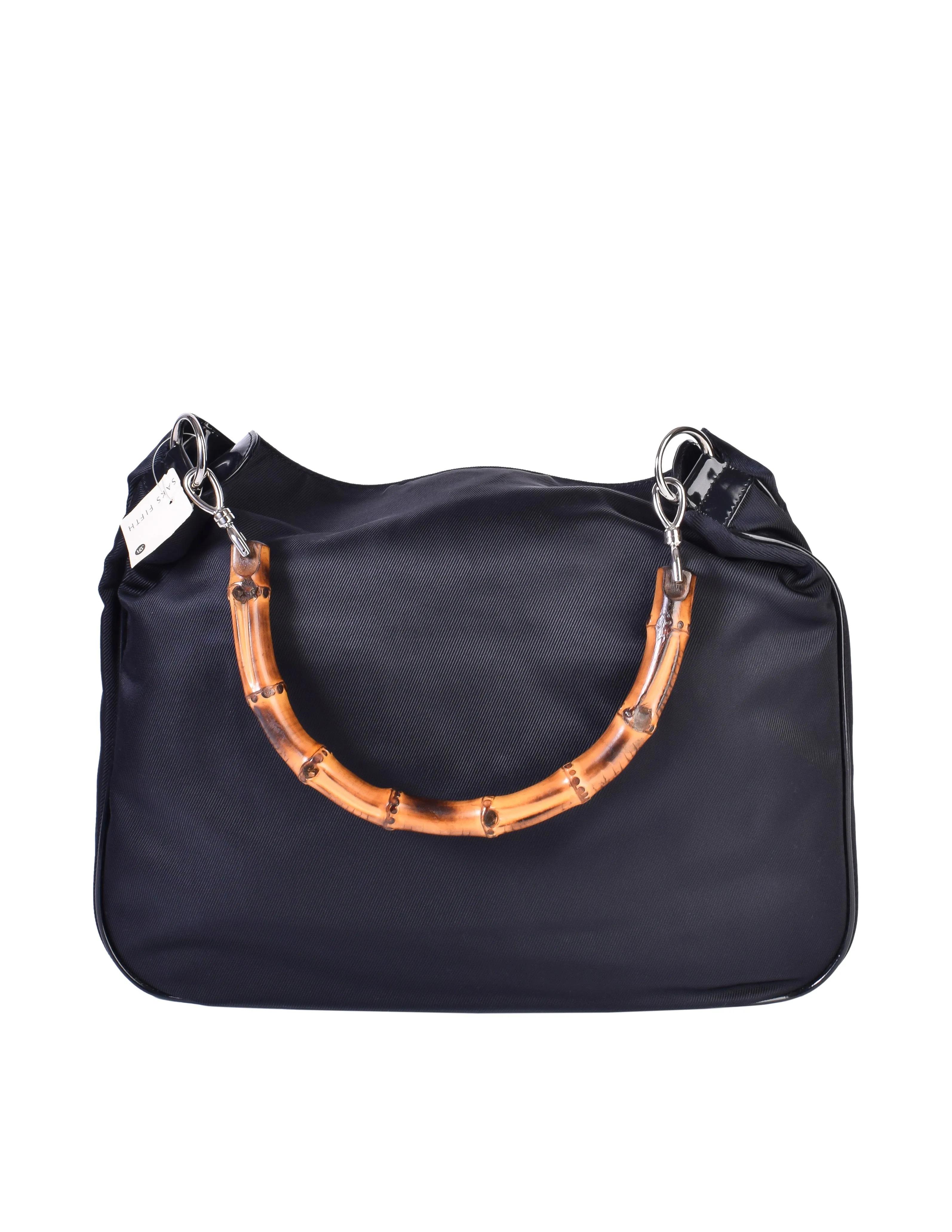 Gucci Vintage Large Navy Blue Nylon Patent Leather Bamboo Handle Shoulder Bag