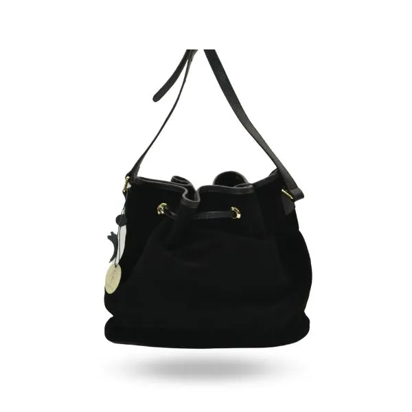 HUNTER VALLEY - Women's black Suede Genuine Leather Drawstring Bucket Bag Crossbody