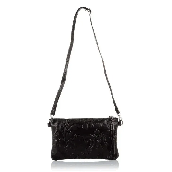 Italian Leather Suede Engraved Black Shoulder Bag