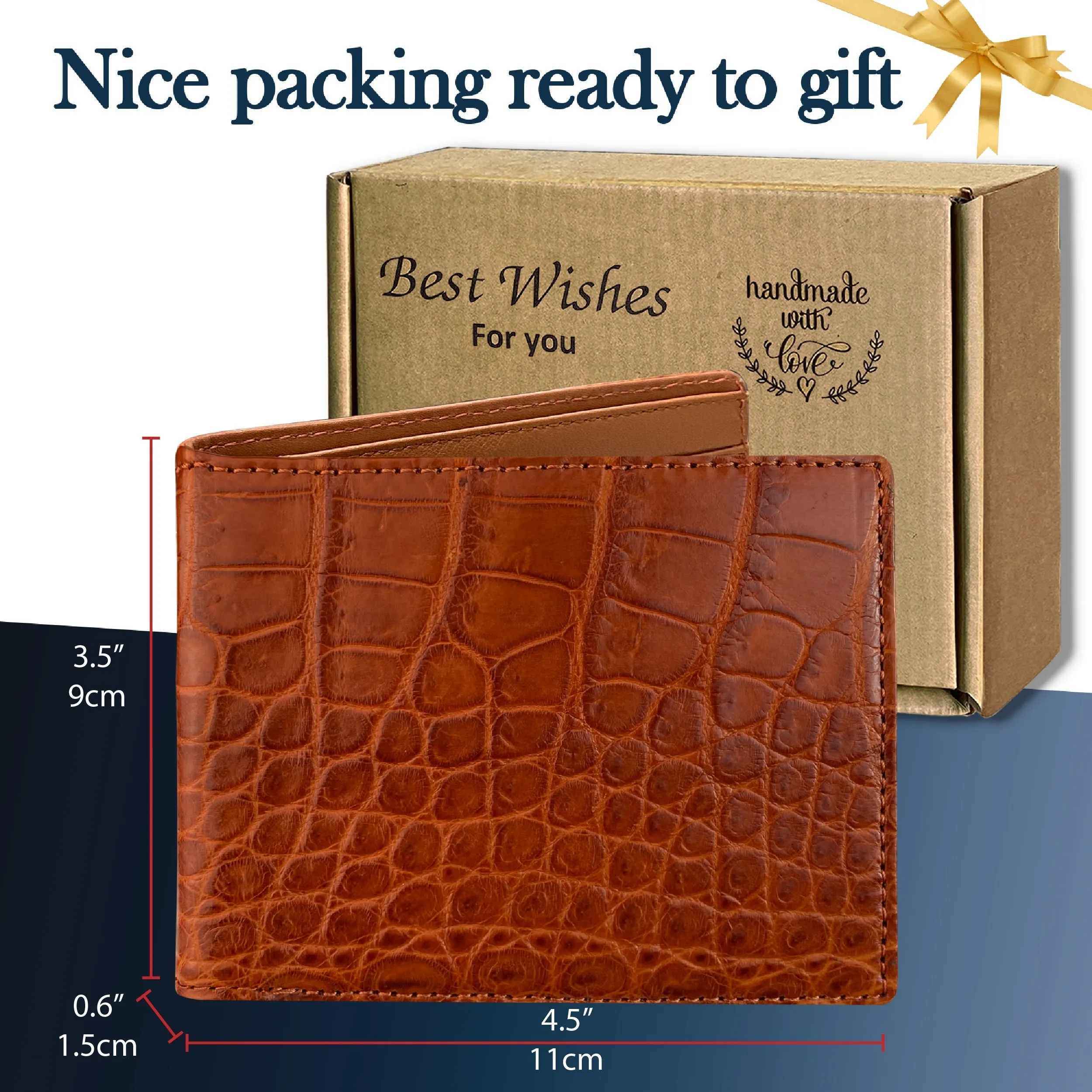 Light Brown Alligator Belly Leather Bifold Wallet for Men RFID Blocking | VINAM-30