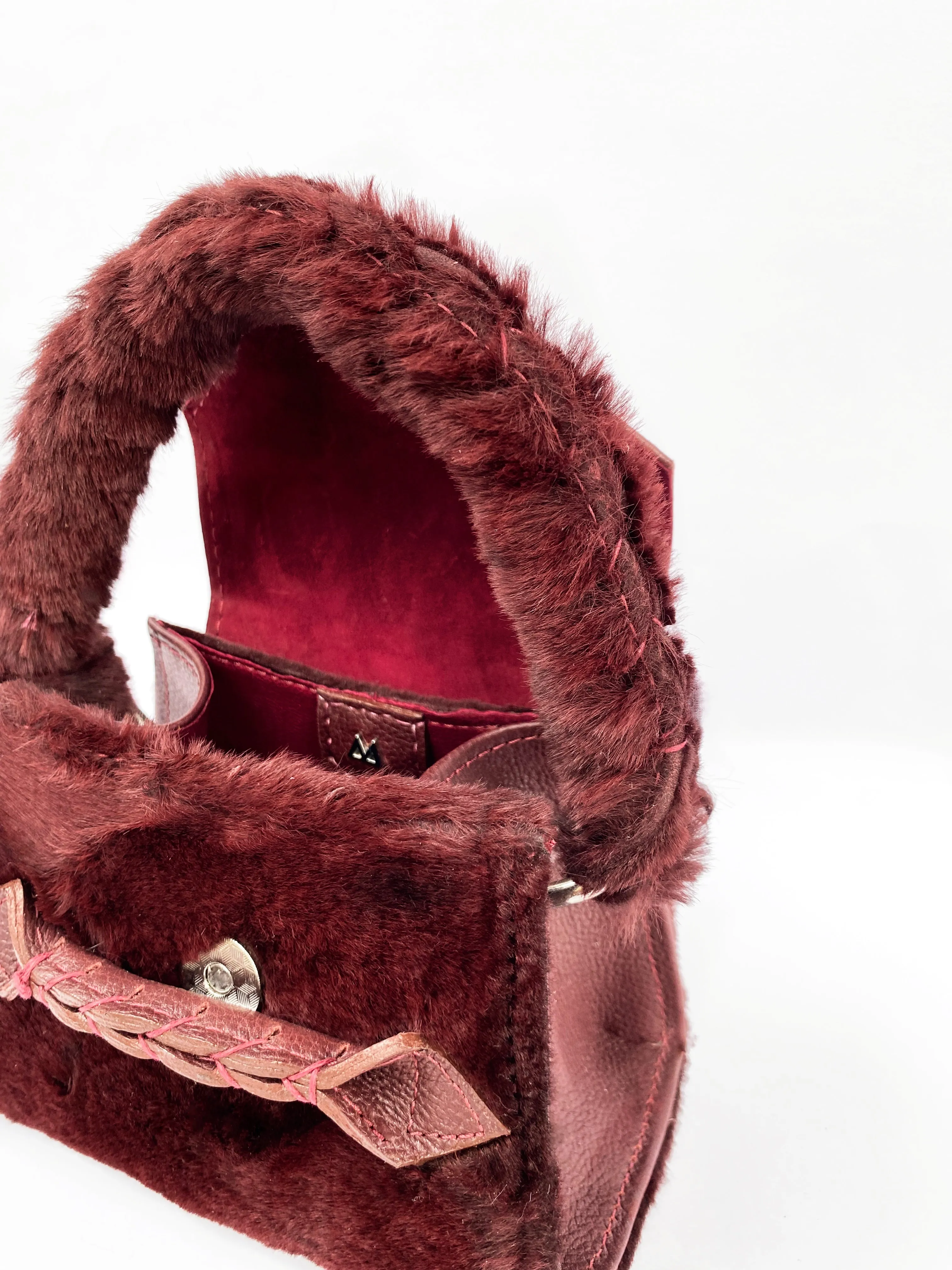 MAROON  FUR MIX MICRO ESE TOP HANDLE