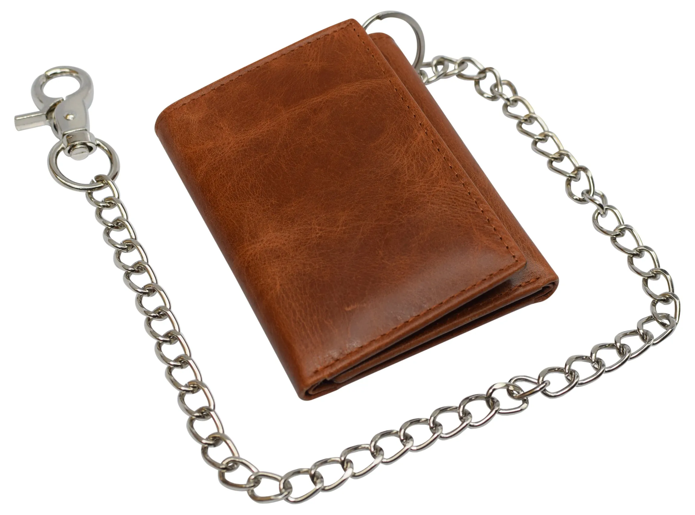 RFID946-51 RFID Blocking Men's Tri-fold Leather Biker Silver Chain Wallet With Snap Closure