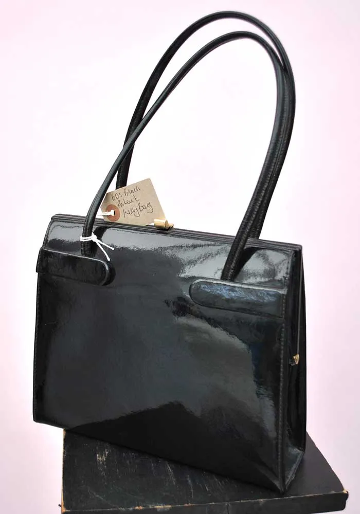 Vintage 60s Black Patent Leather Kelly Handbag