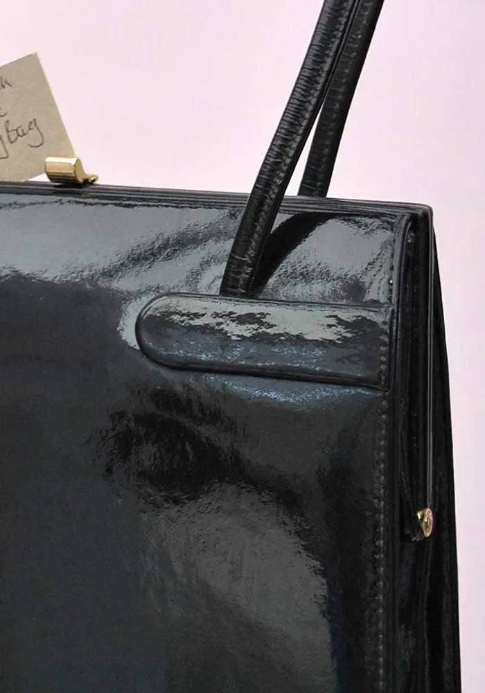 Vintage 60s Black Patent Leather Kelly Handbag