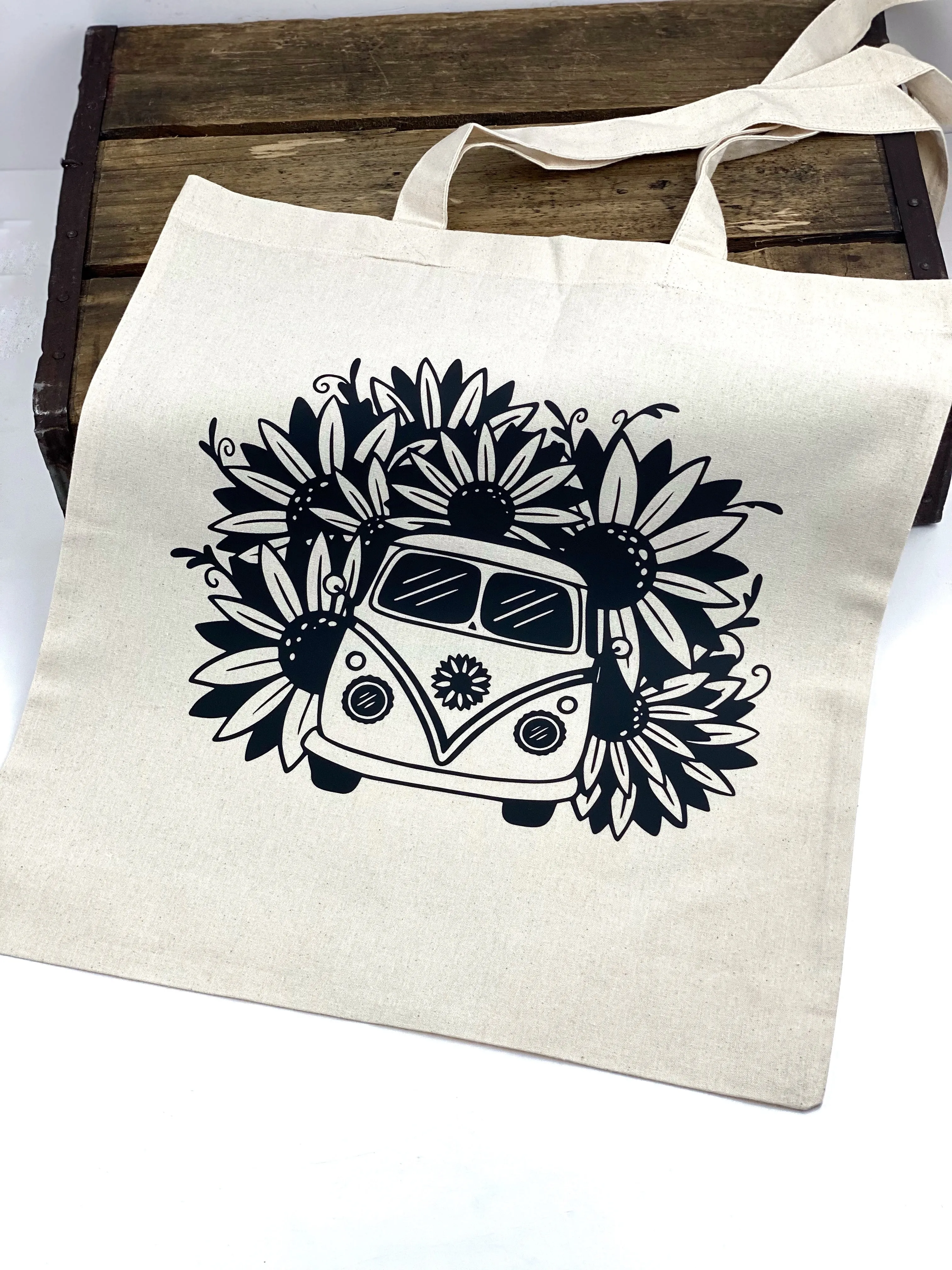 VW Van Daisy Cotton Tote Bag, Lightweight Thin Natural Cotton Tote Bag, Reusable Tote Bag, Farmers Market Bag